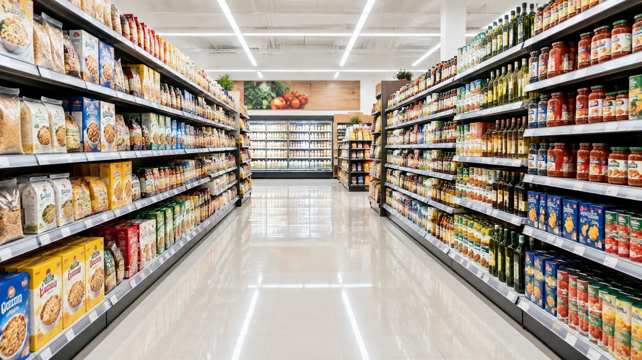 Supermarket aisle with organised product shelves