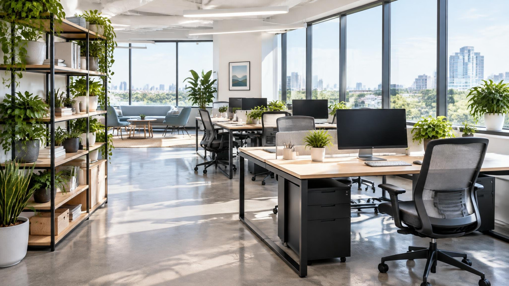 Bright open-plan office with desks and large windows