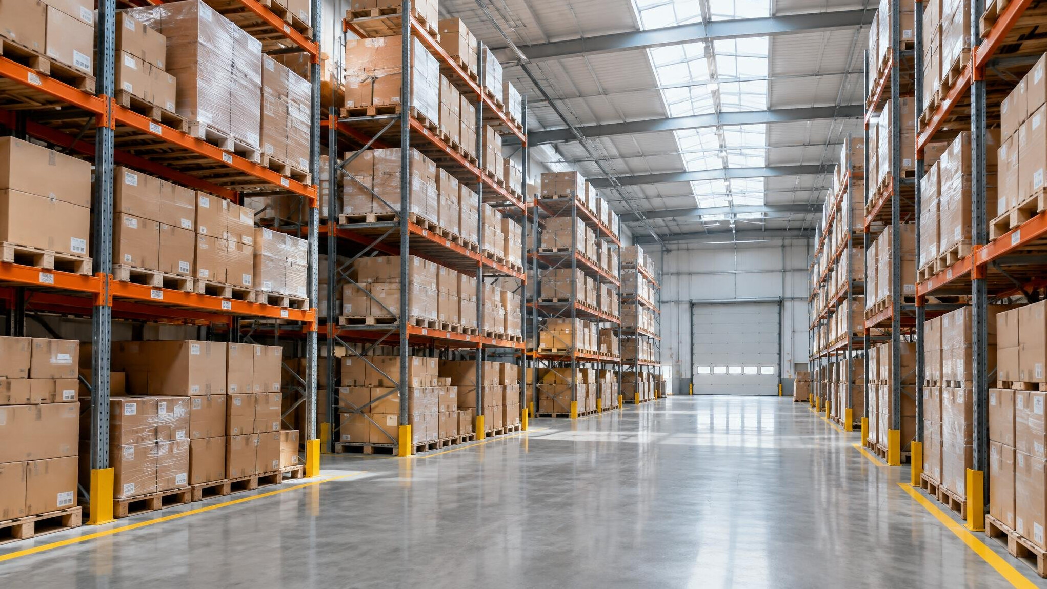 Large distribution warehouse with tall shelves and pallets