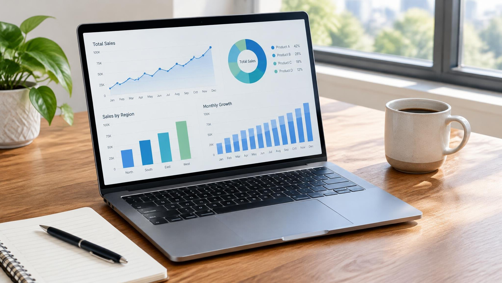 Laptop on a desk showing business analytics charts