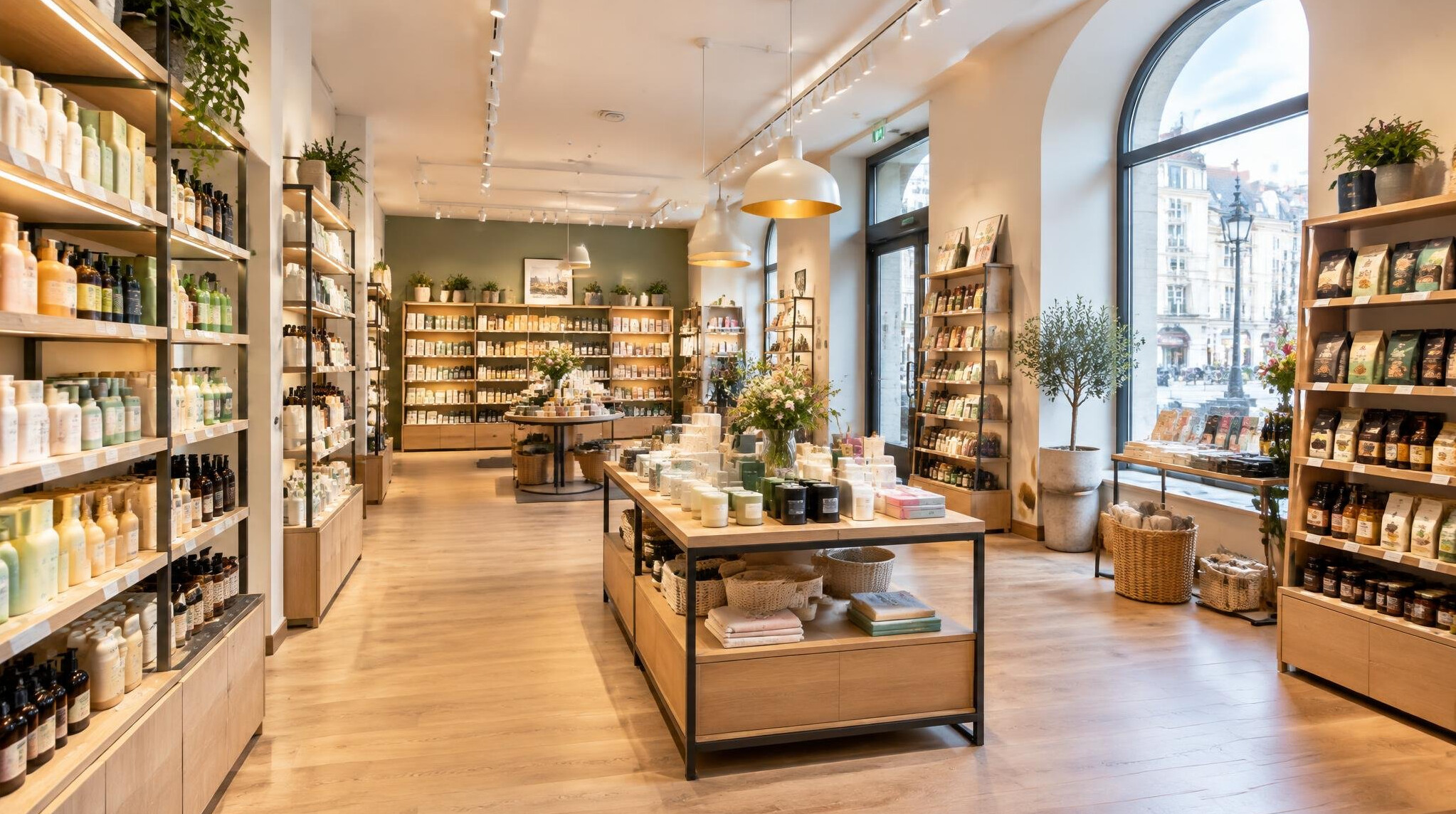 Bright modern retail store interior with shelves and products