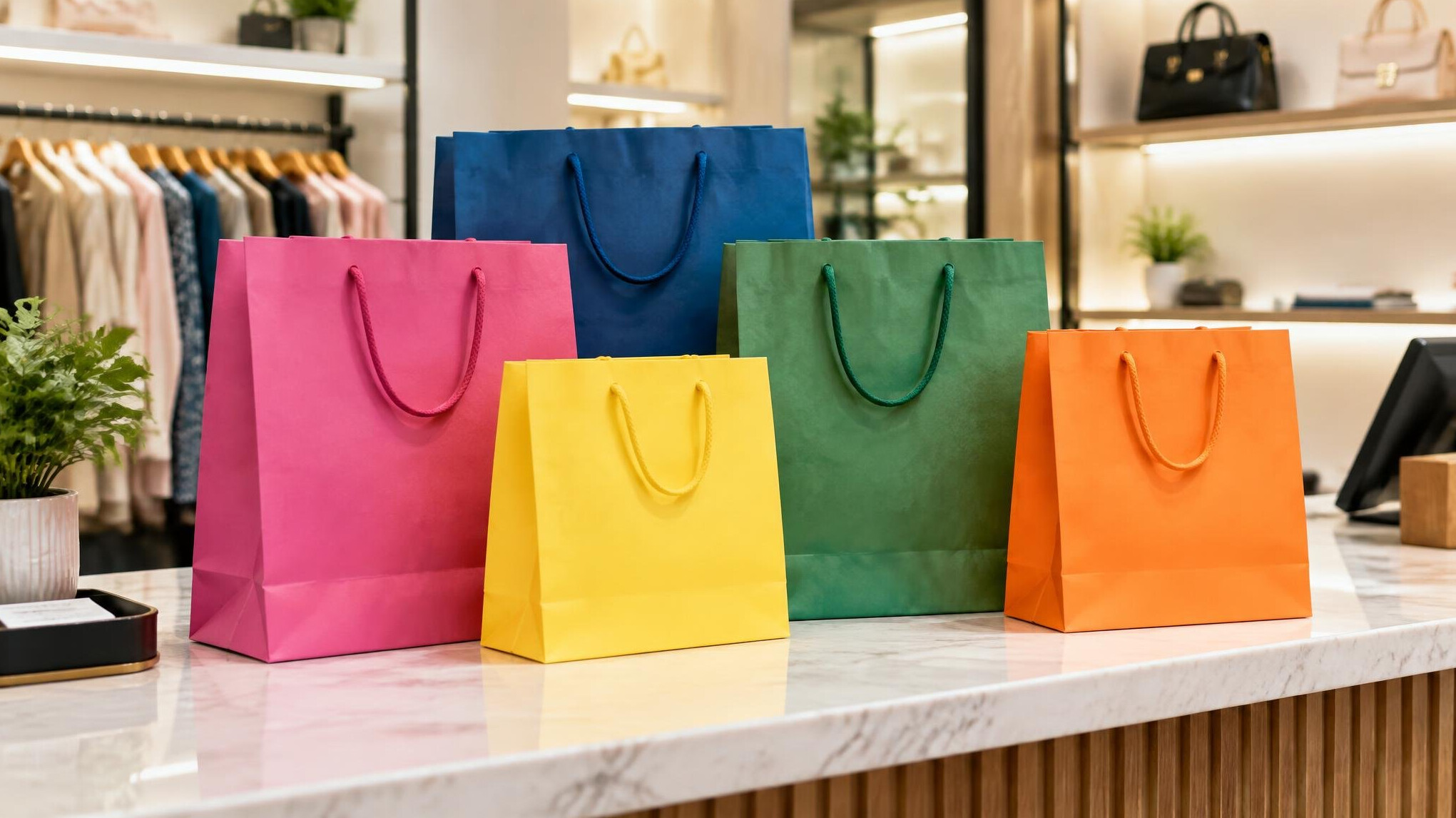 Colourful paper shopping bags in a retail shop