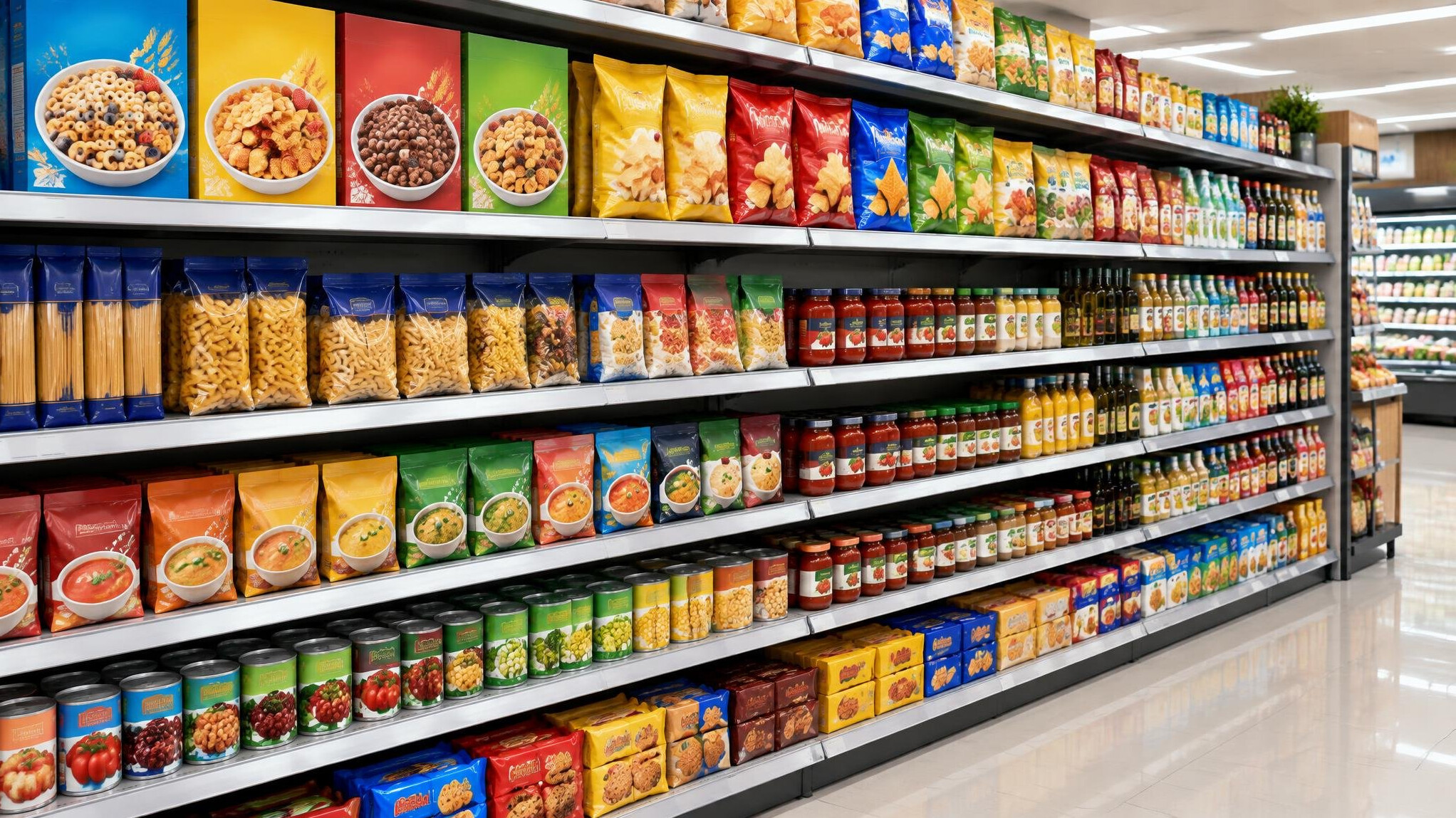 Supermarket shelves stocked with packaged goods